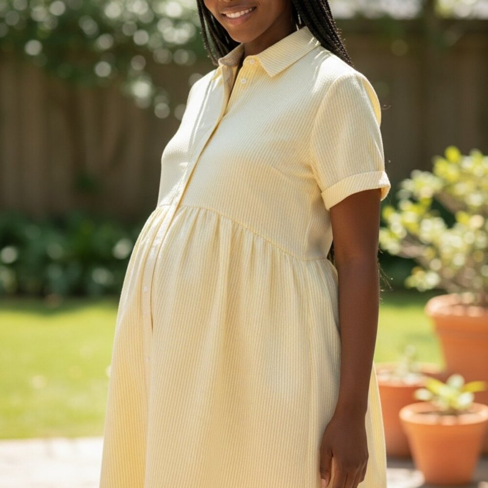 GOLDI Yellow Button Short Sleeve Midi Dress Casual Maternity Dress Size XS